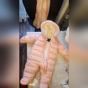 George Pink Star-Print Puffer Snowsuit with Faux Fur Hood